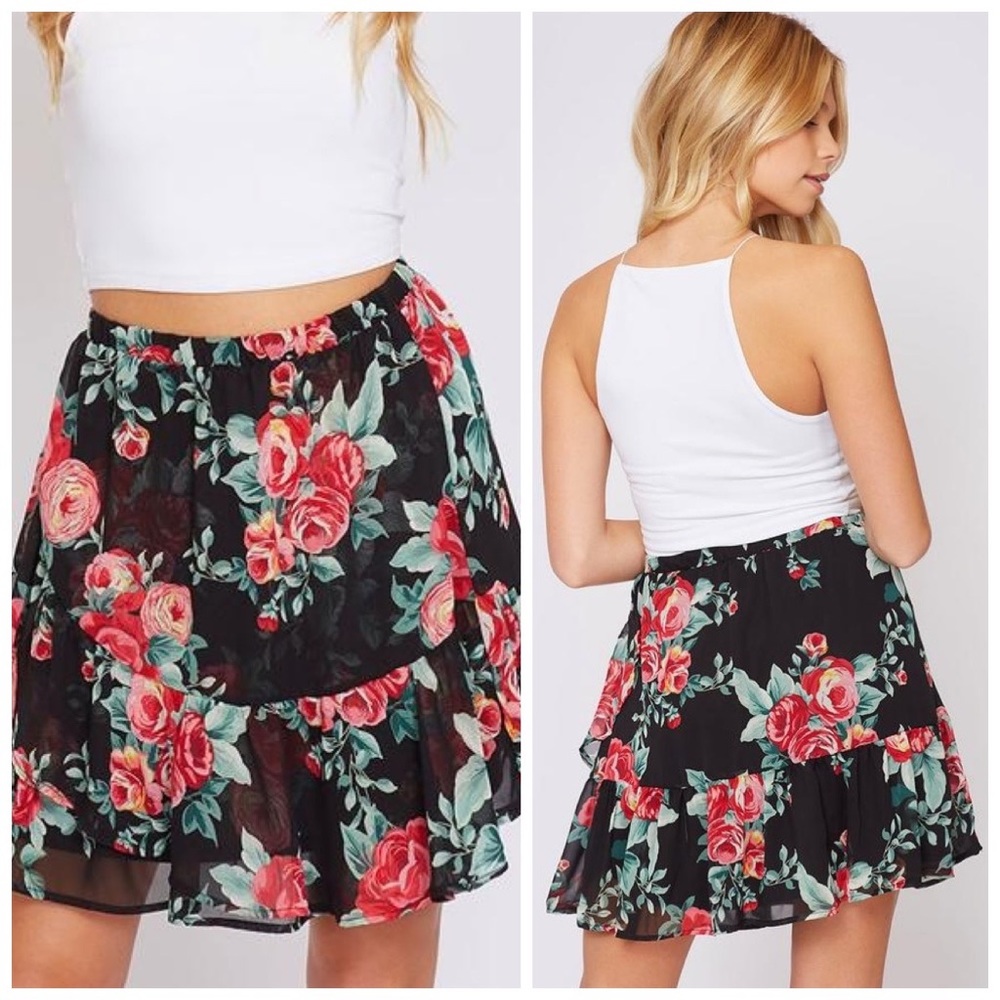 Black red floral skirt